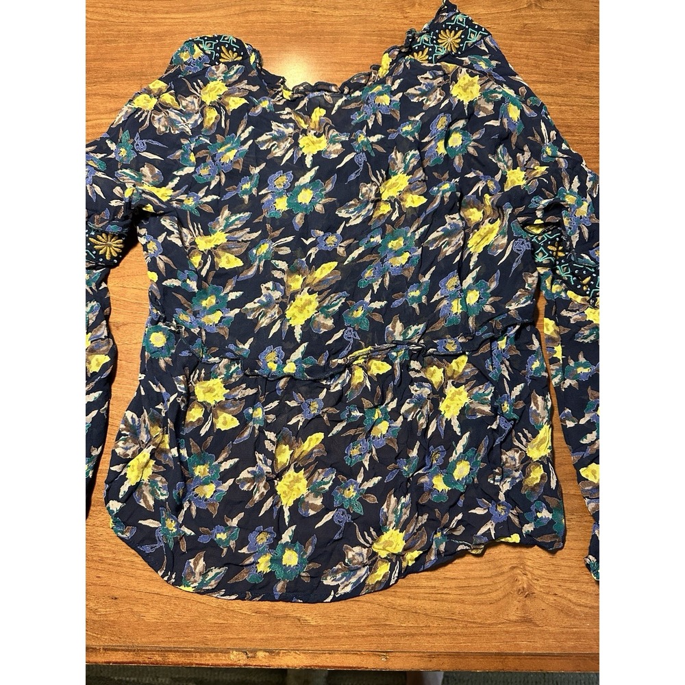 Anthropologie Meadow Rue Top Blue Small Strasser Floral Embroidered Sheer Blouse - Picture 12 of 15